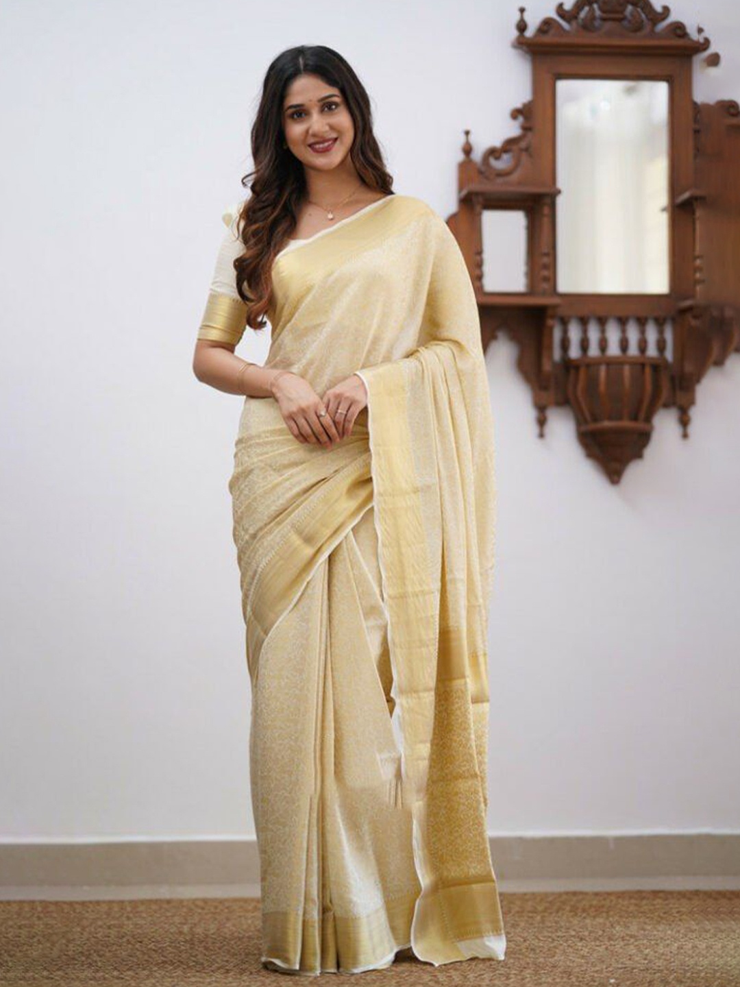 

Fashion Booms Woven Design Zari Pure Silk Saree, Cream