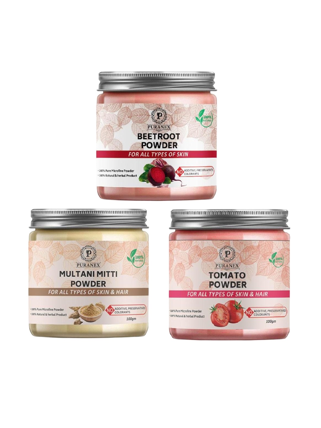 

Puranex Set Of 3 Natural Beetroot-Multani Mitti & Tomato Powder For Skin & Hair- 100g Each, Pink
