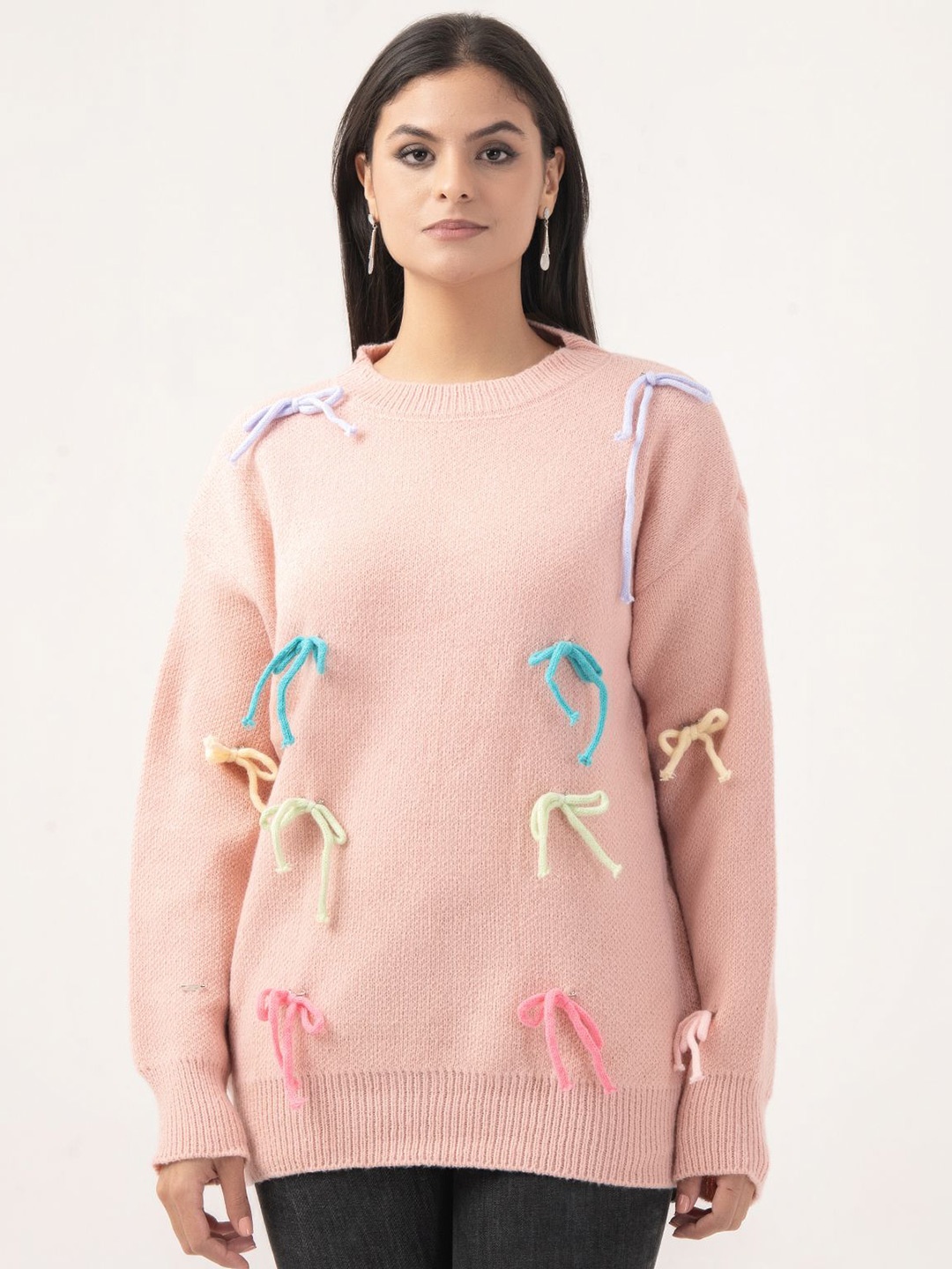 

Albion By CnM Women Self Design Embroidered Pullover Sweater, Peach
