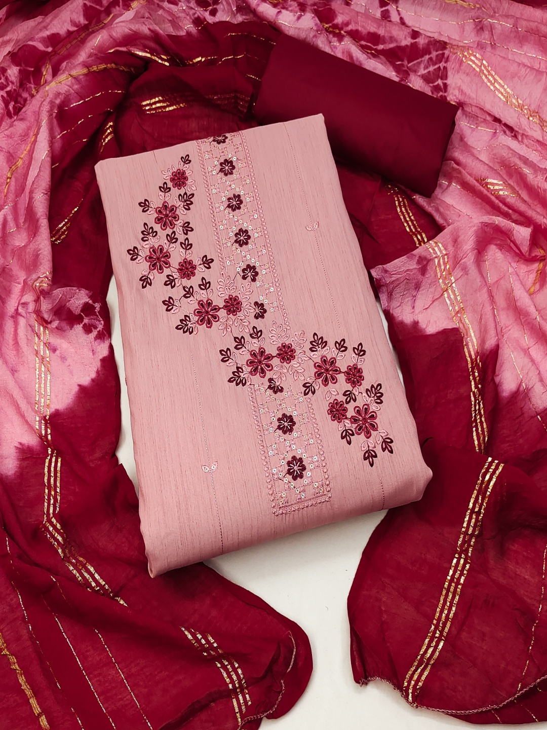 

Maroosh Floral Embroidered Thread Work Unstitched Dress Material, Peach