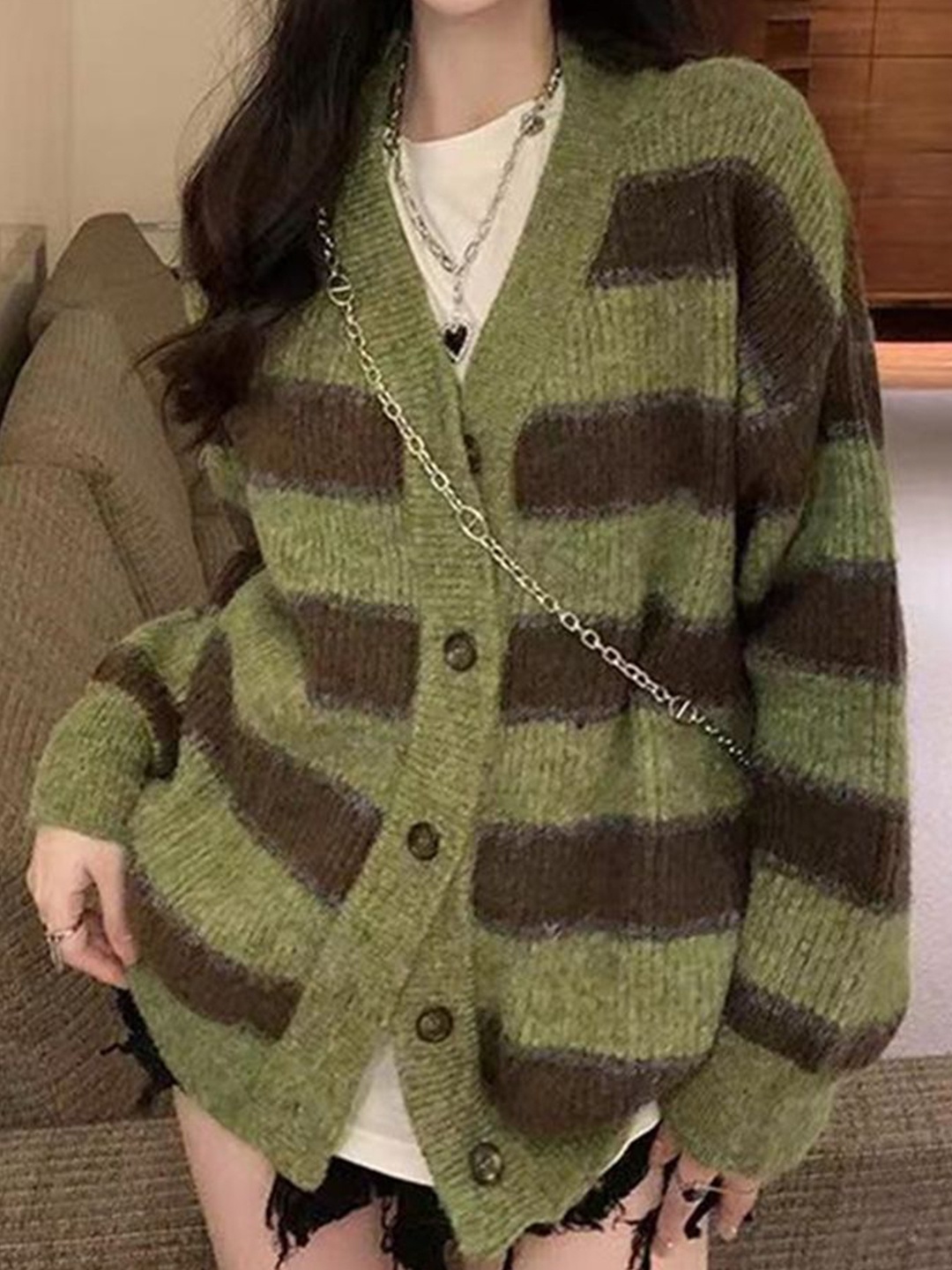 

LULU & SKY Women Striped Cardigan, Green