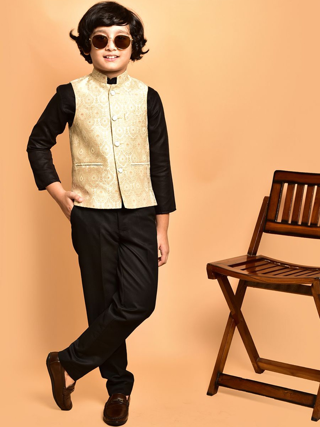 

PRINTINDIA Woven Design Nehru Jacket, Beige