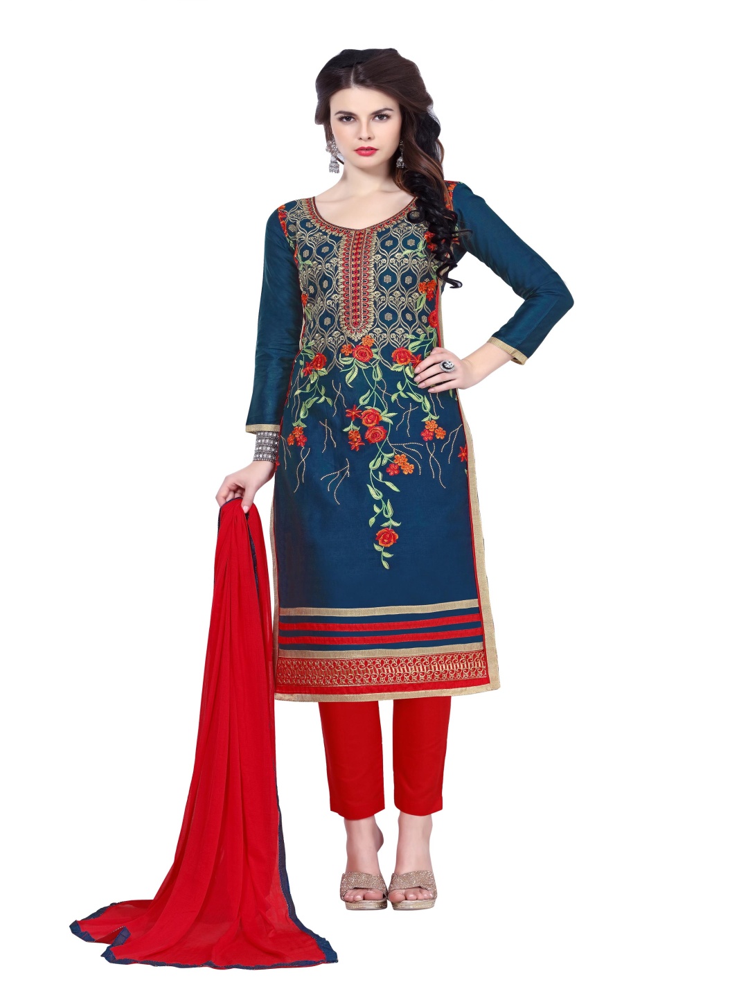 

Maroosh Floral Embroidered Unstitched Dress Material, Blue