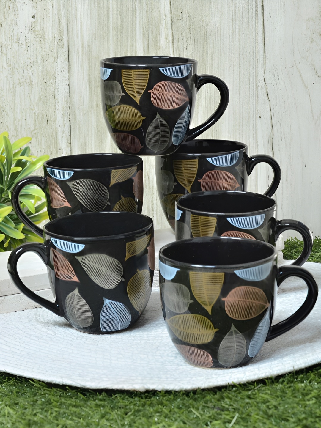

FABINALIV Black & Blue 6 Pieces Floral Printed Ceramic Cups 120ml