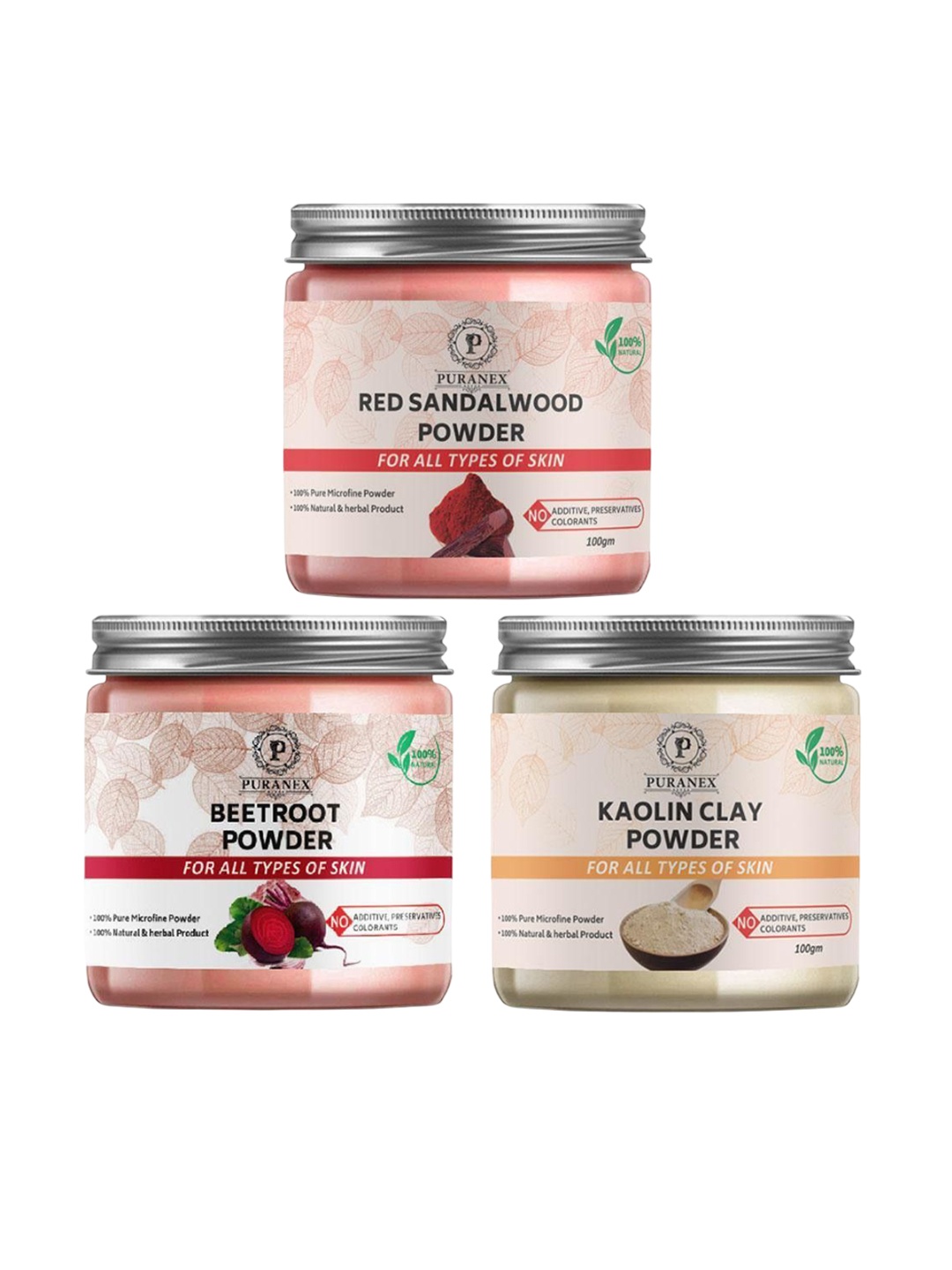 

Puranex Set Of 3 Natural Red Sandalwood - Beetroot Powder & Kaolin Clay Powder - 100g Each, White