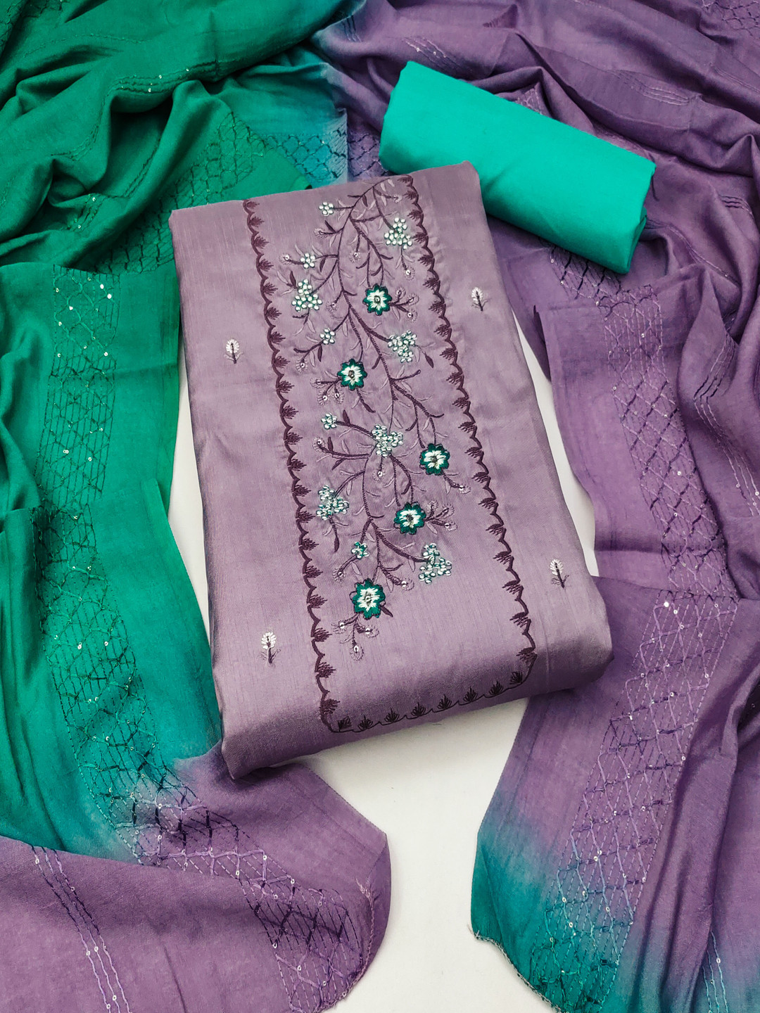 

Maroosh Floral Embroidered Sequinned Silk Cotton Unstitched Dress Material, Purple