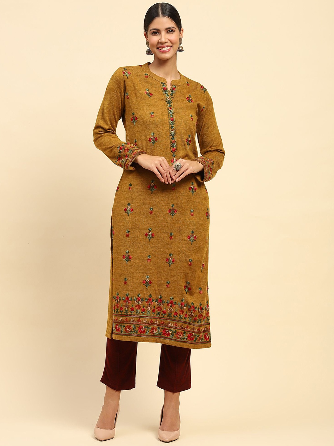 

Me&I Mandarin Collar Floral Embroidered Thread Work Woollen Straight Kurta, Mustard