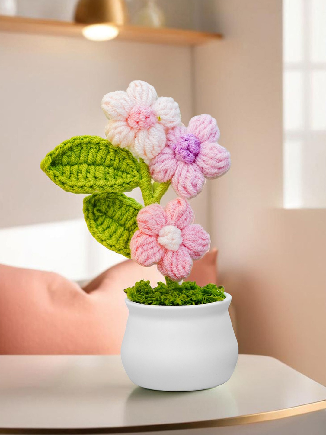 

Ekhasa Crochet Pink & White Blossom Artificial Flower With Pot