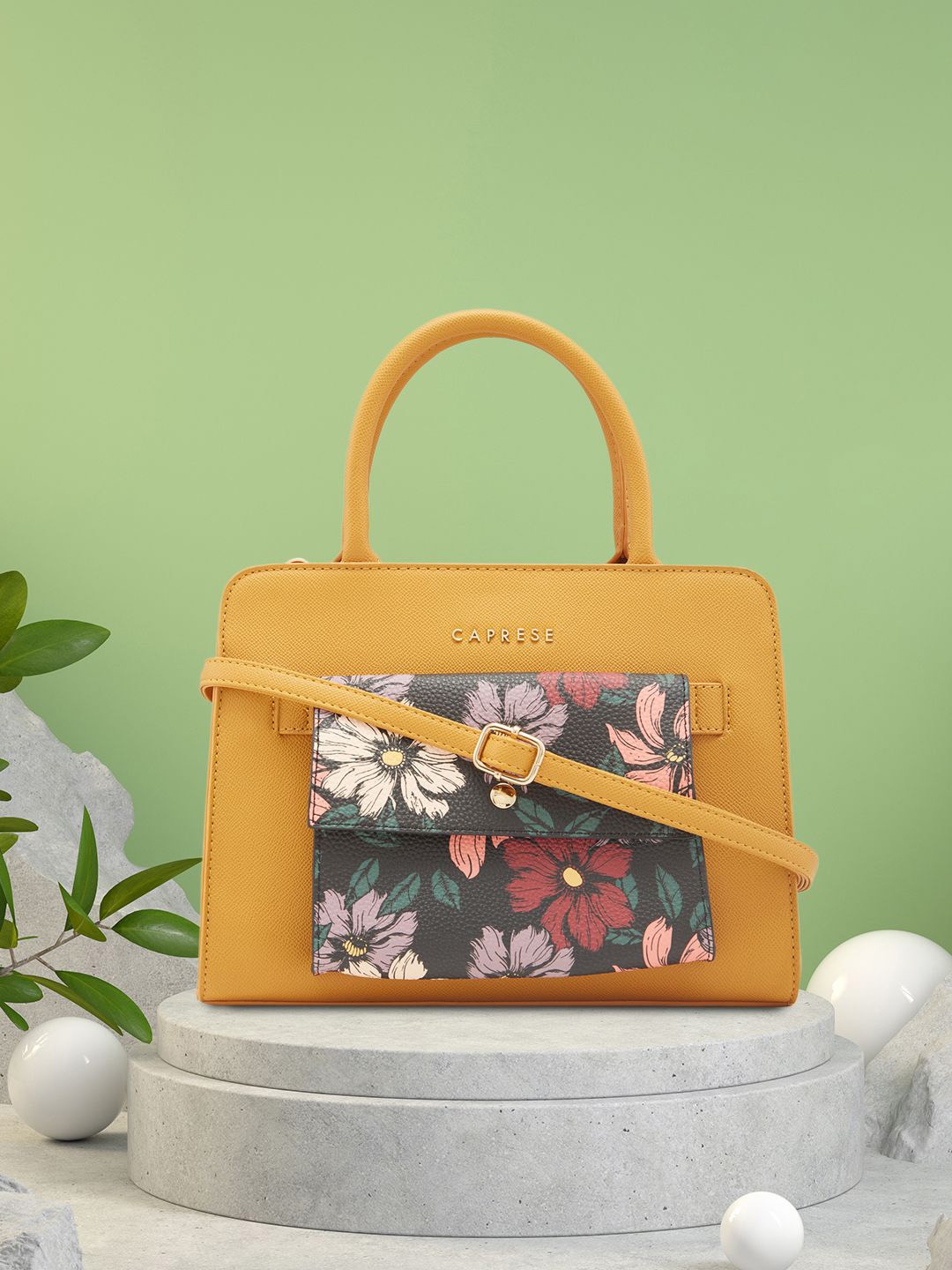 

Caprese Daphne Structured Floral Printed Satchel Bag, Yellow