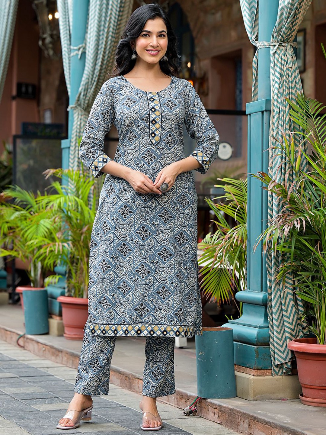 

Anouk Blue Ethnic Motifs Printed Pure Cotton Straight Kurta With Trouser