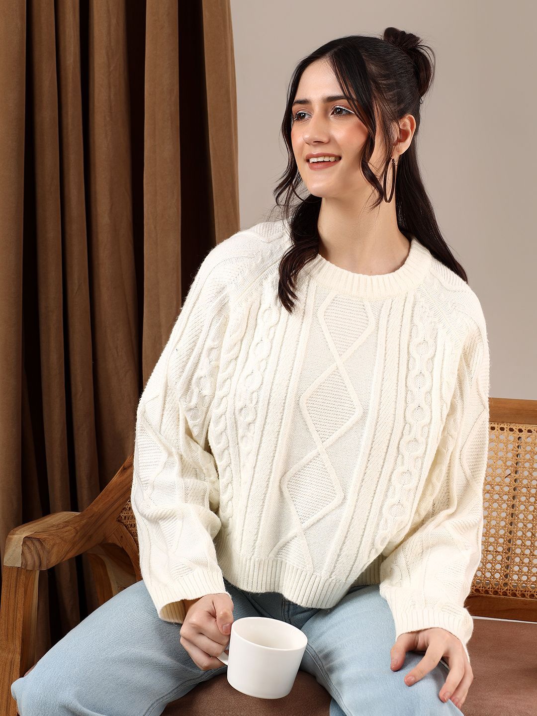 

Stylecast X Kotty Women Cable Knit Cotton Pullover, White