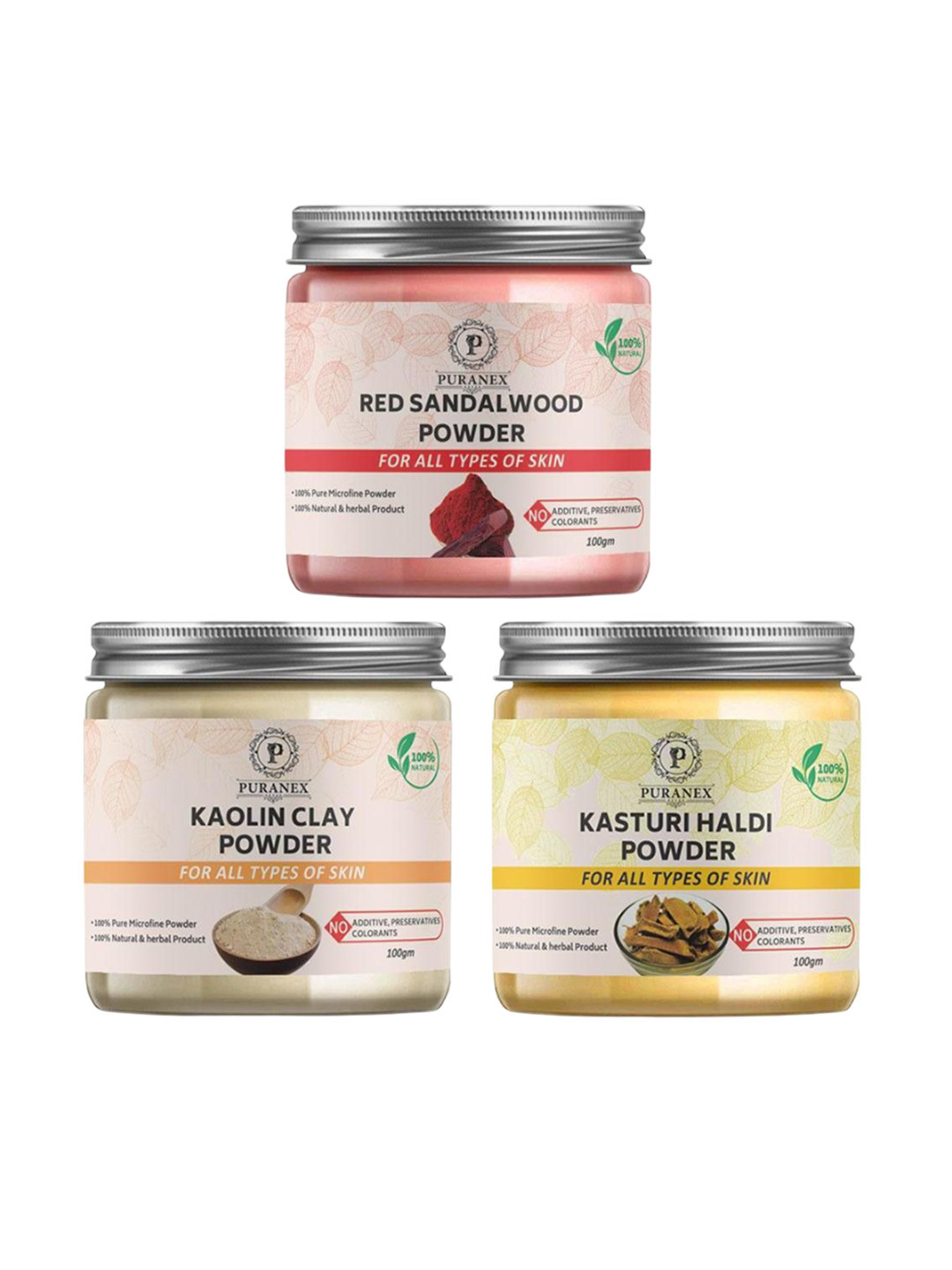 

Puranex Set Of 3 Red Sandalwood, Kasturi Haldi & Kaolin Clay Face Pack Powder - 100 g Each, White