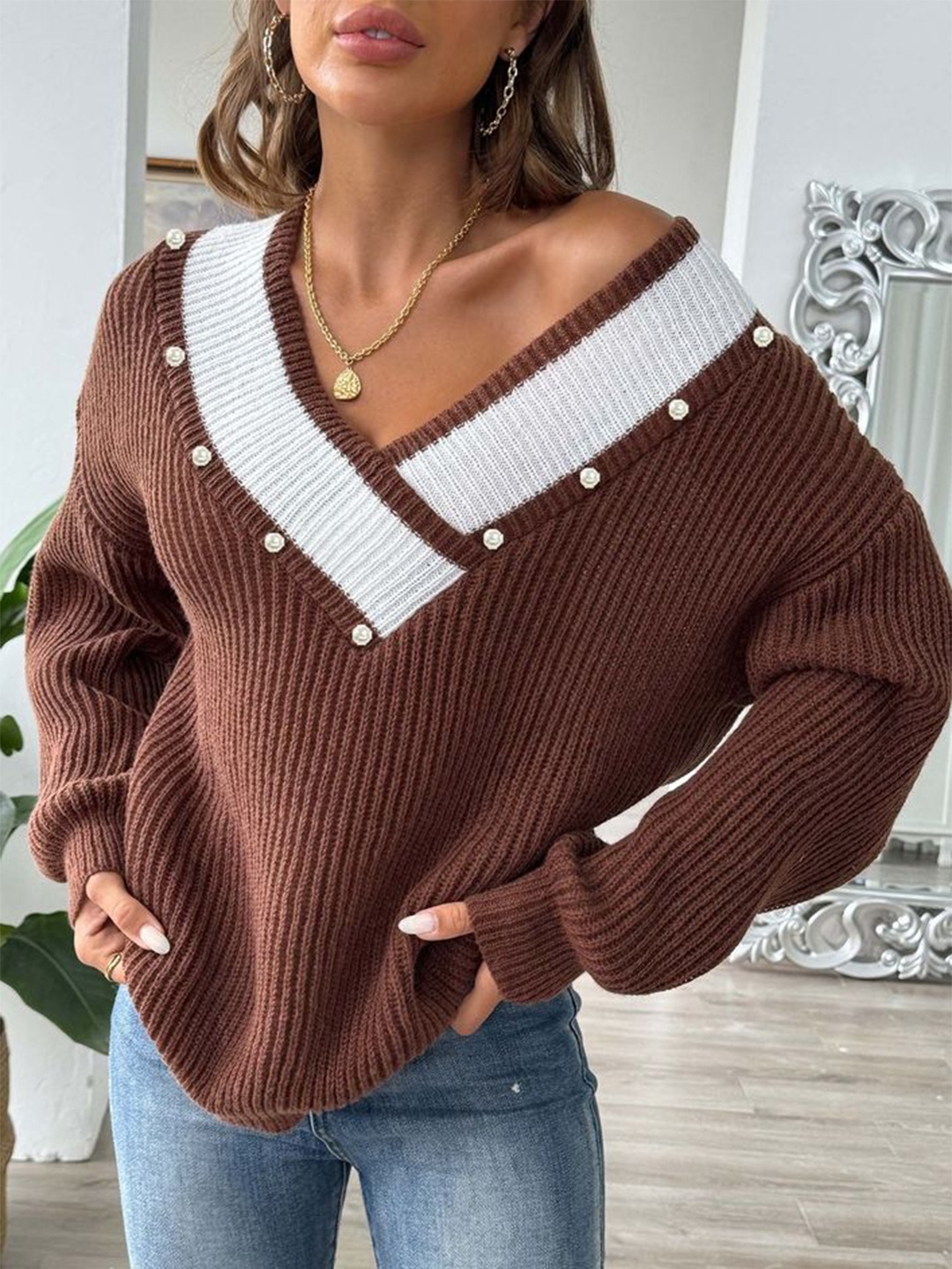 

LULU & SKY Women Ribbed Pullover, Coffee brown