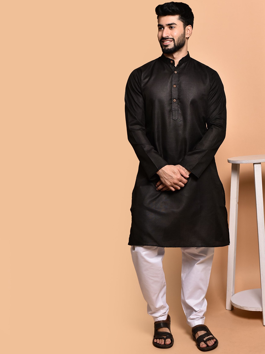 

PRINTINDIA Mandarin Collar Pure Cotton Straight Kurta With Trousers, Black