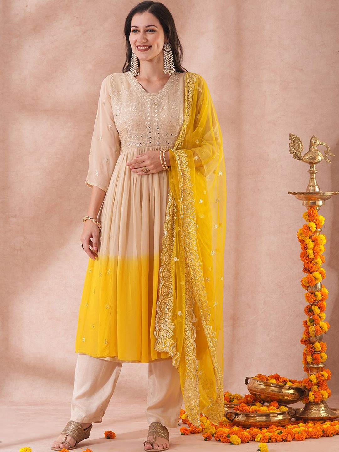 

FASHOR Ombre Dyed Pleated Sequinned Georgette Kurta With Trousers & Dupatta, Beige