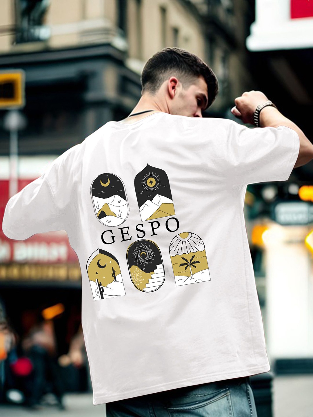 

GESPO Men Graphic Printed Pure Cotton Oversized T-shirt, White