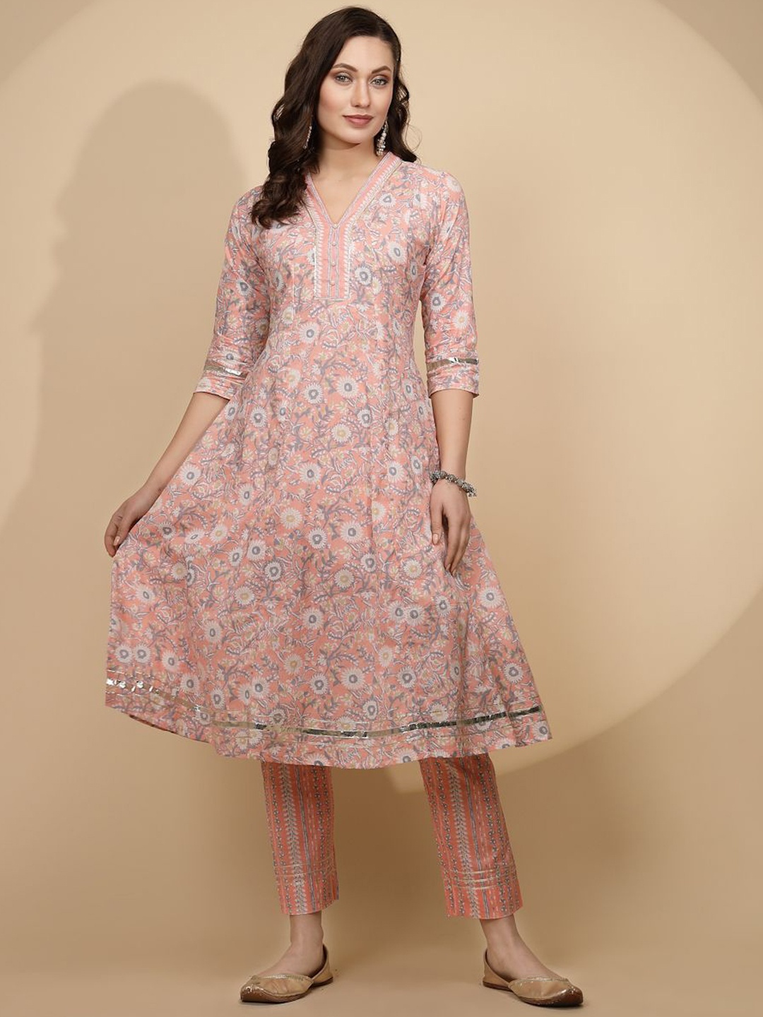 

Me&I Floral Printed Pure Cotton A-Line Kurta With Trousers, Peach