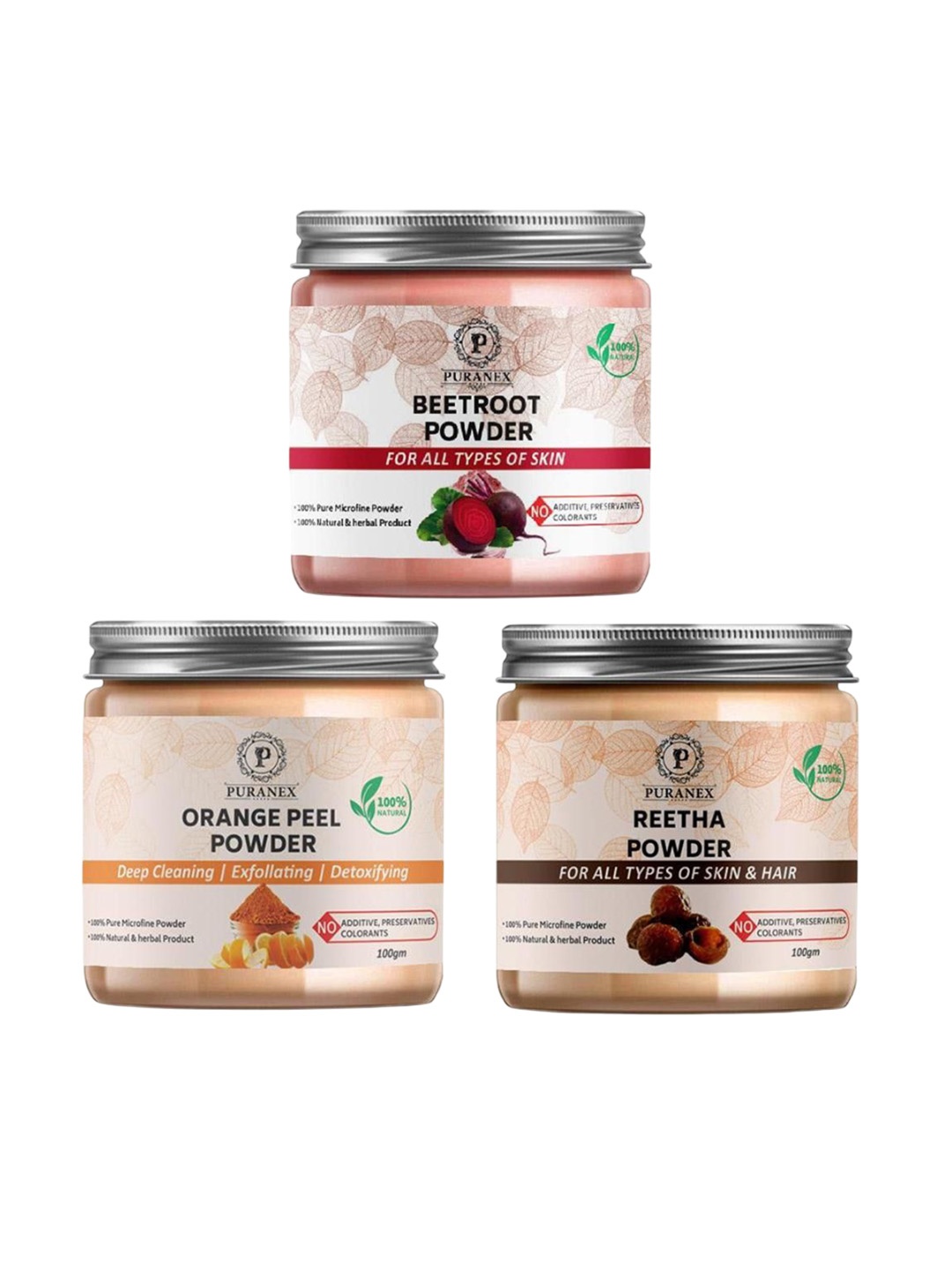 

Puranex Set Of 3 Natural Beetroot- Orange Peel & Reetha Powder For Skin & Hair - 100g Each, Pink