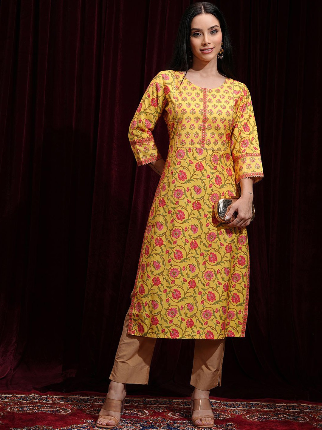 

Vishudh Floral Printed Gotta Patti Round Neck Straight Kurta, Mustard