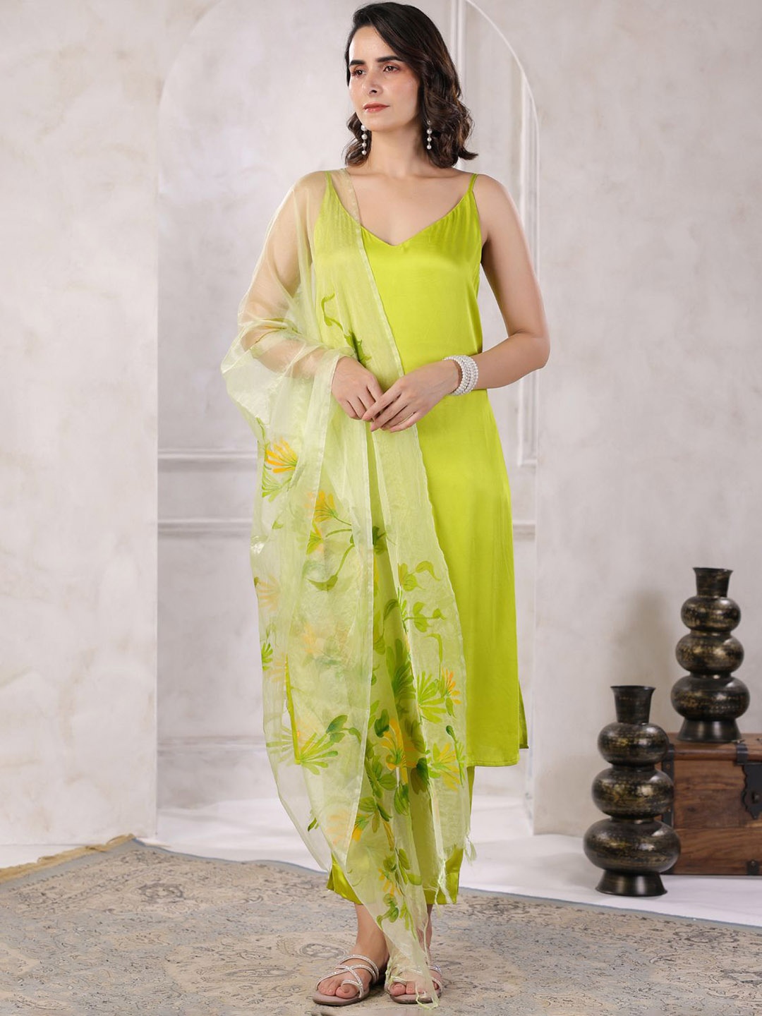 

Geroo Luxe Shoulder Straps Satin Straight Kurta With Trouser & Dupatta, Green