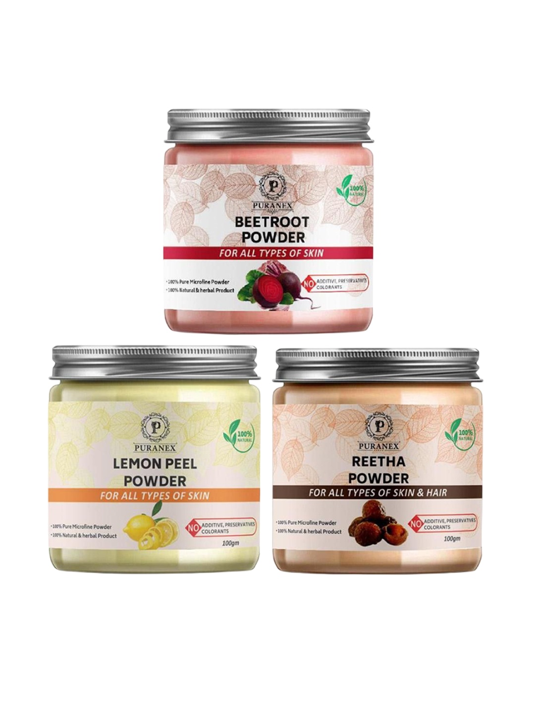 

Puranex Set Of 3 Beetroot, Lemon Peel & Reetha Skin & Hair Powder-100 g Each, White