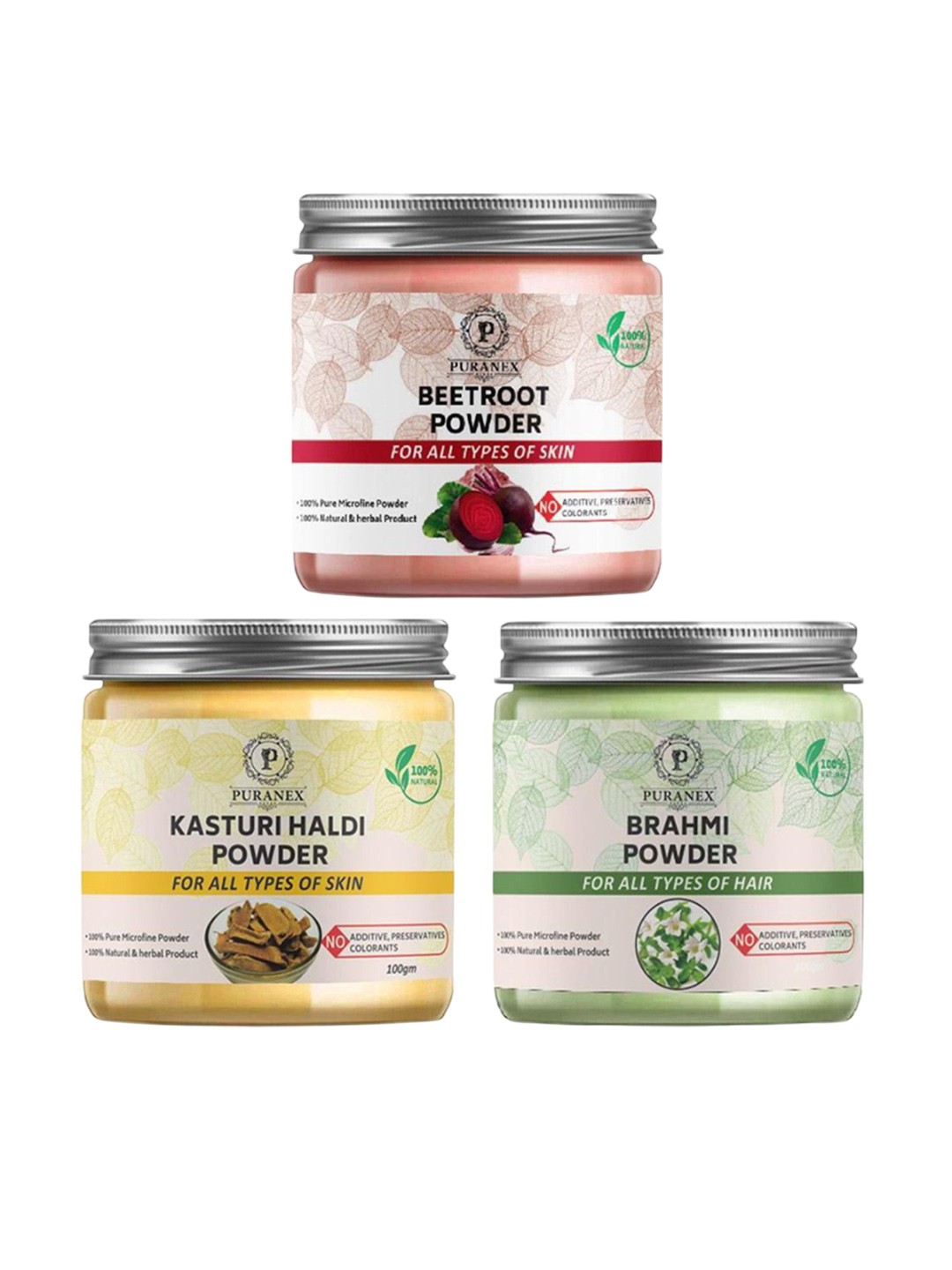 

Puranex Set Of 3 Beetroot, Kasturi Haldi & Brahmi Hair & Skin Powder -100 g Each, White