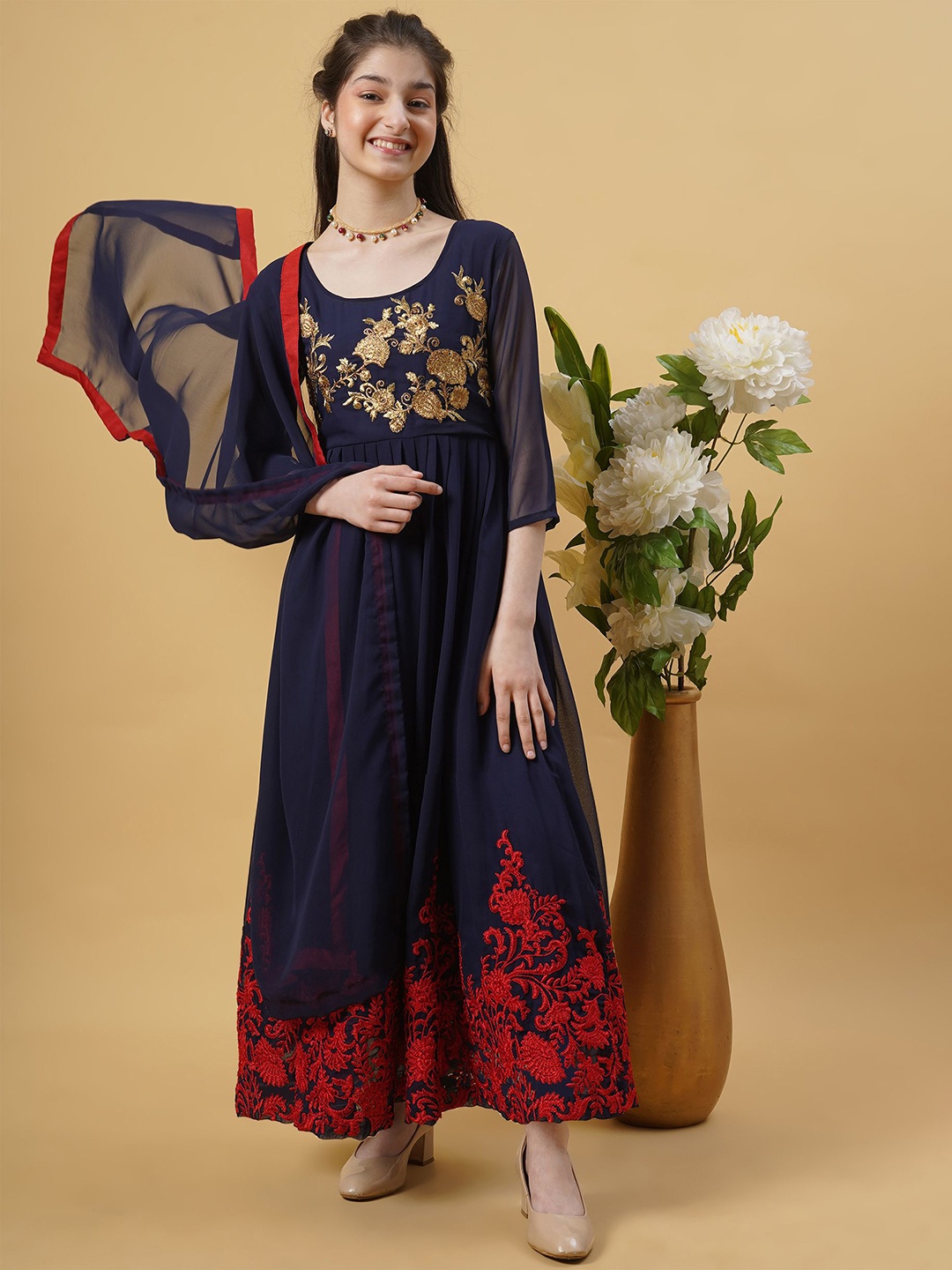 

BAESD Girls Floral Embroidered Georgette Ethnic Dresses With Dupatta, Navy blue