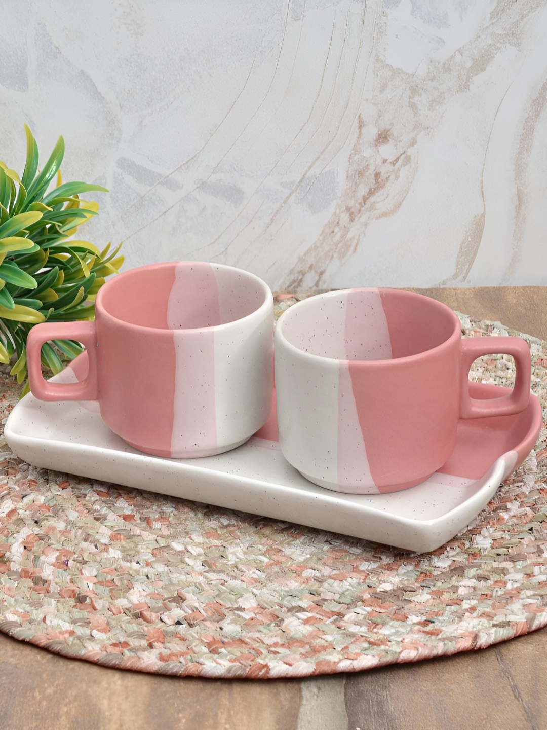 

FABINALIV Pink & Cream-Coloured 3 Pieces Printed Ceramic Matte Cups 120ml With Tray