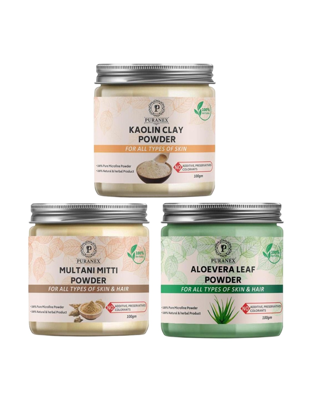 

Puranex Set Of 3 Aloevera Leaf, Kaolin Clay & Multani Mitti Skin & Hair Powder-100 g Each, White