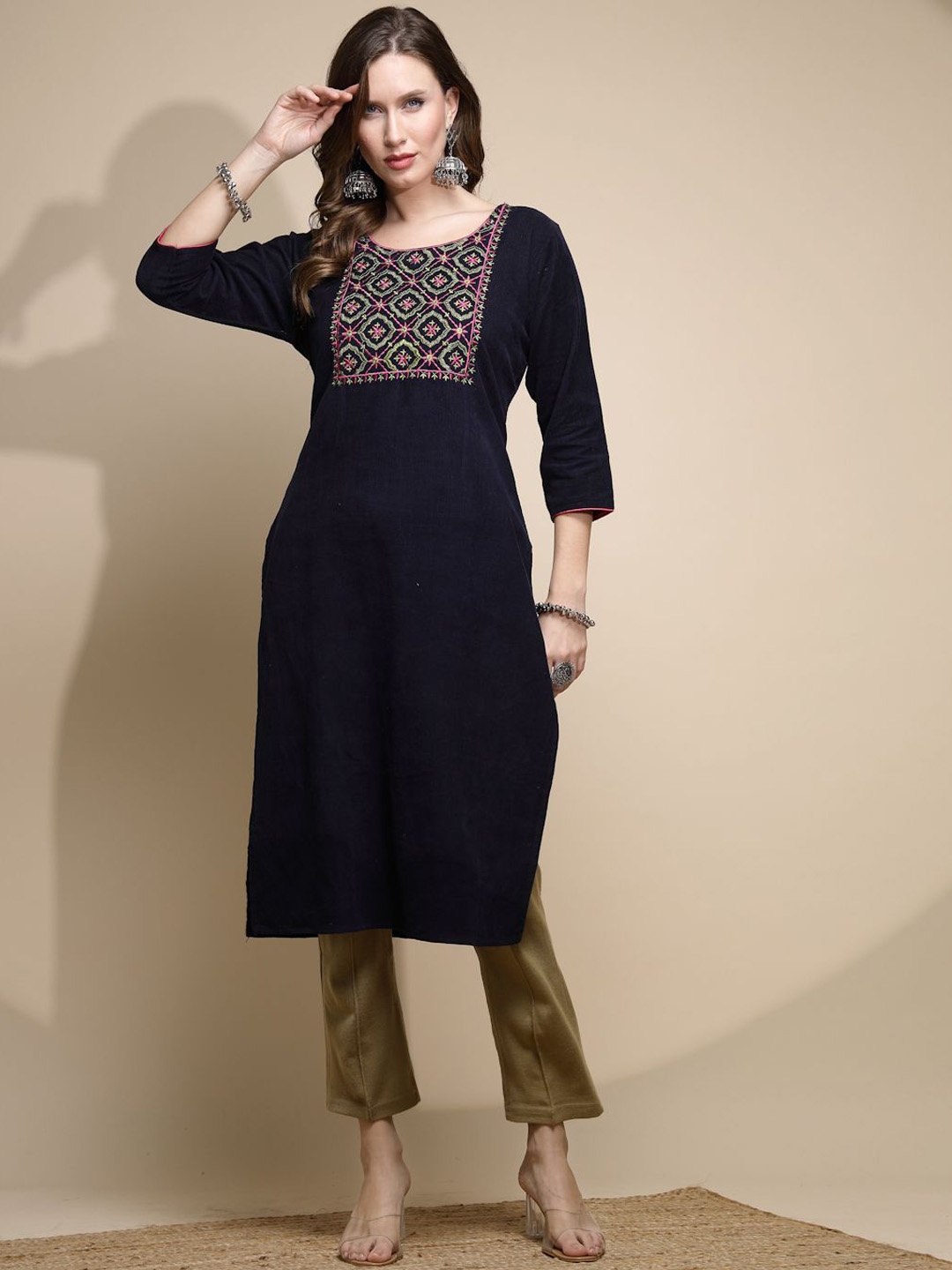 

Me&I Round Neck Floral Embroidered Thread Work Straight Kurta, Navy blue