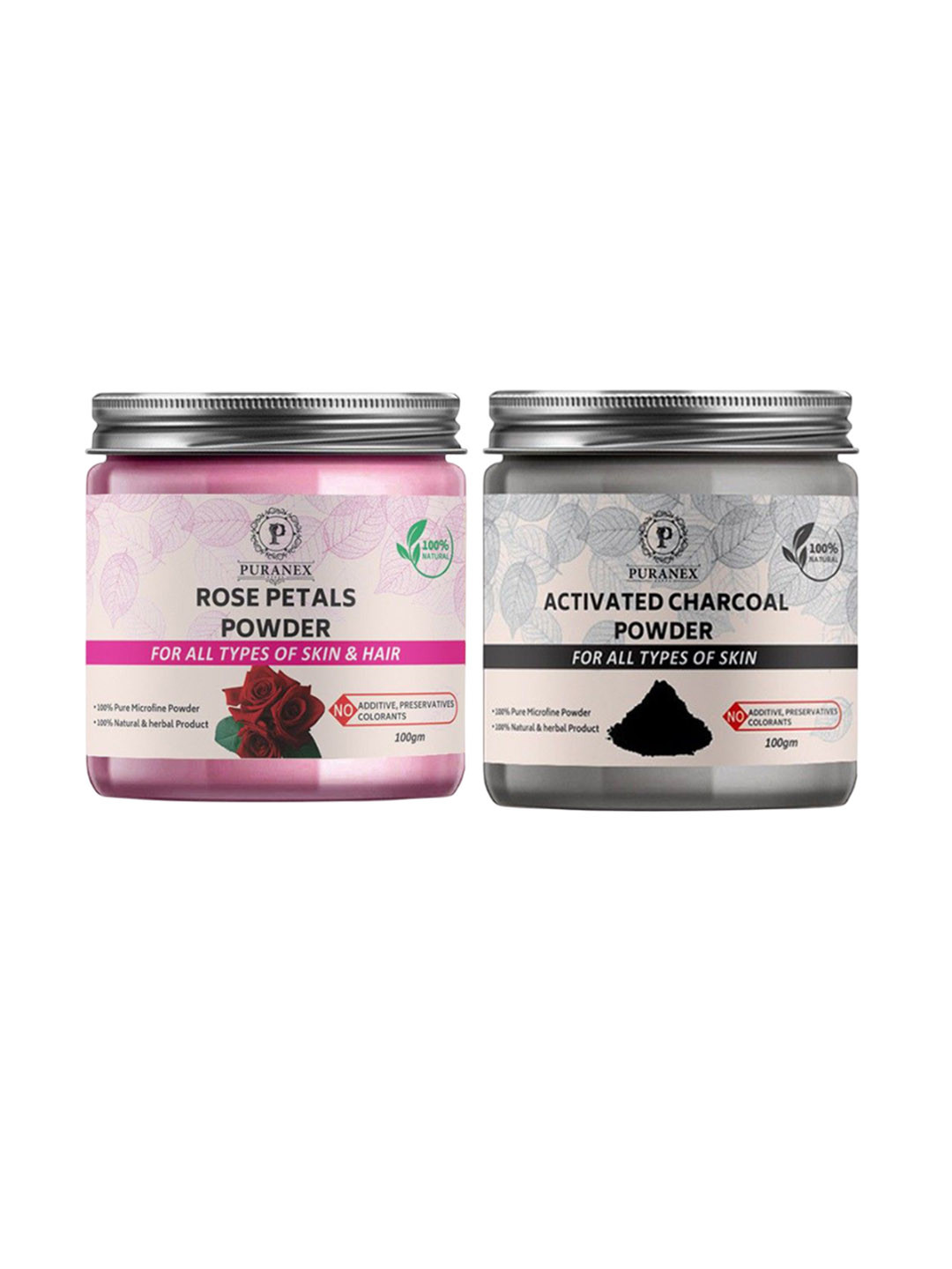 

Puranex Set Of 2 Rose Petals & Activated Charcoal Powder For Skin & Hair - 100 g Each, Pink