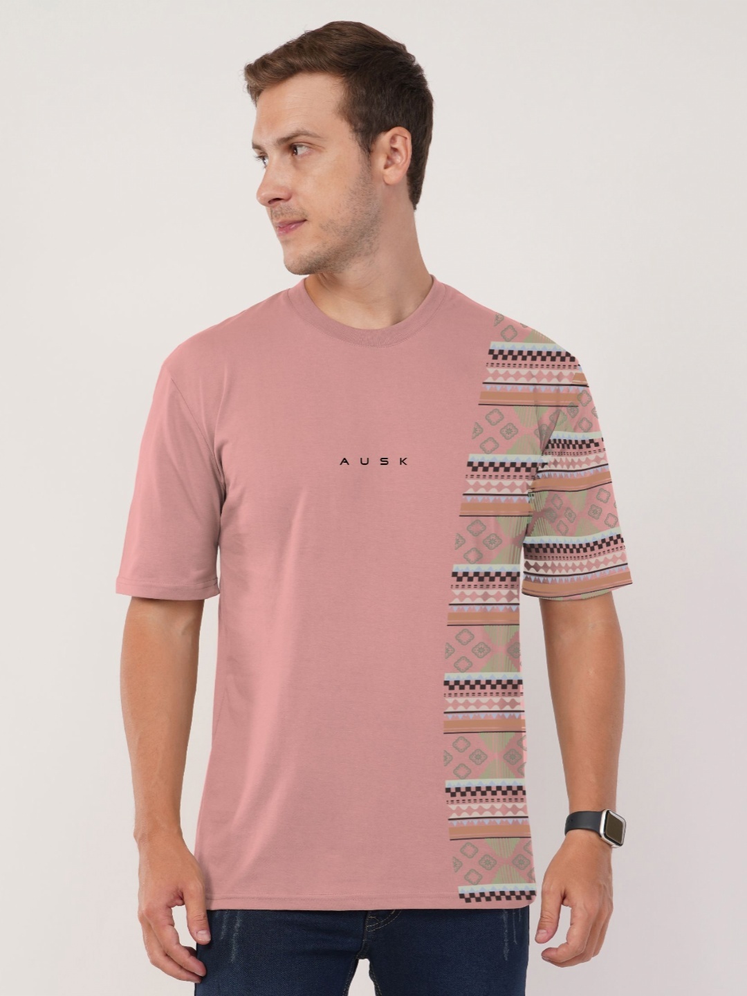 

AUSK Front Printed Half Sleeve Round Neck Tshirt, Peach