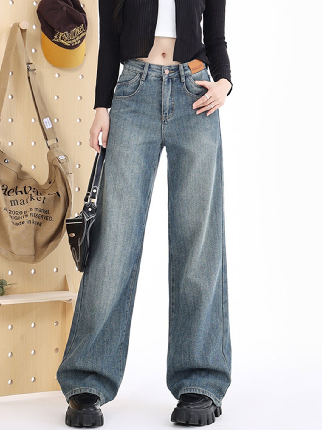 

LULU & SKY Women Wide Leg Low Distress Light Fade Jeans, Blue
