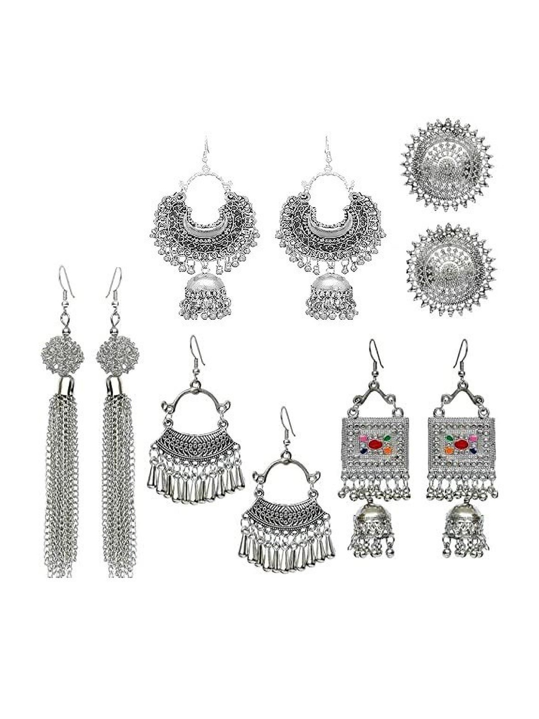 

JMBW INTERNATIONAL Pack Of 10 Silver Plated Artificial Beads Contemporary Jhumkas Earrings