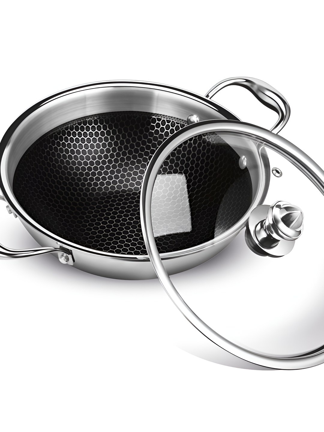 

Milton Pro Cook Triply Hexa Tech Induction Stainless Steel Kadhai with Glass Lid 24 cm, Silver