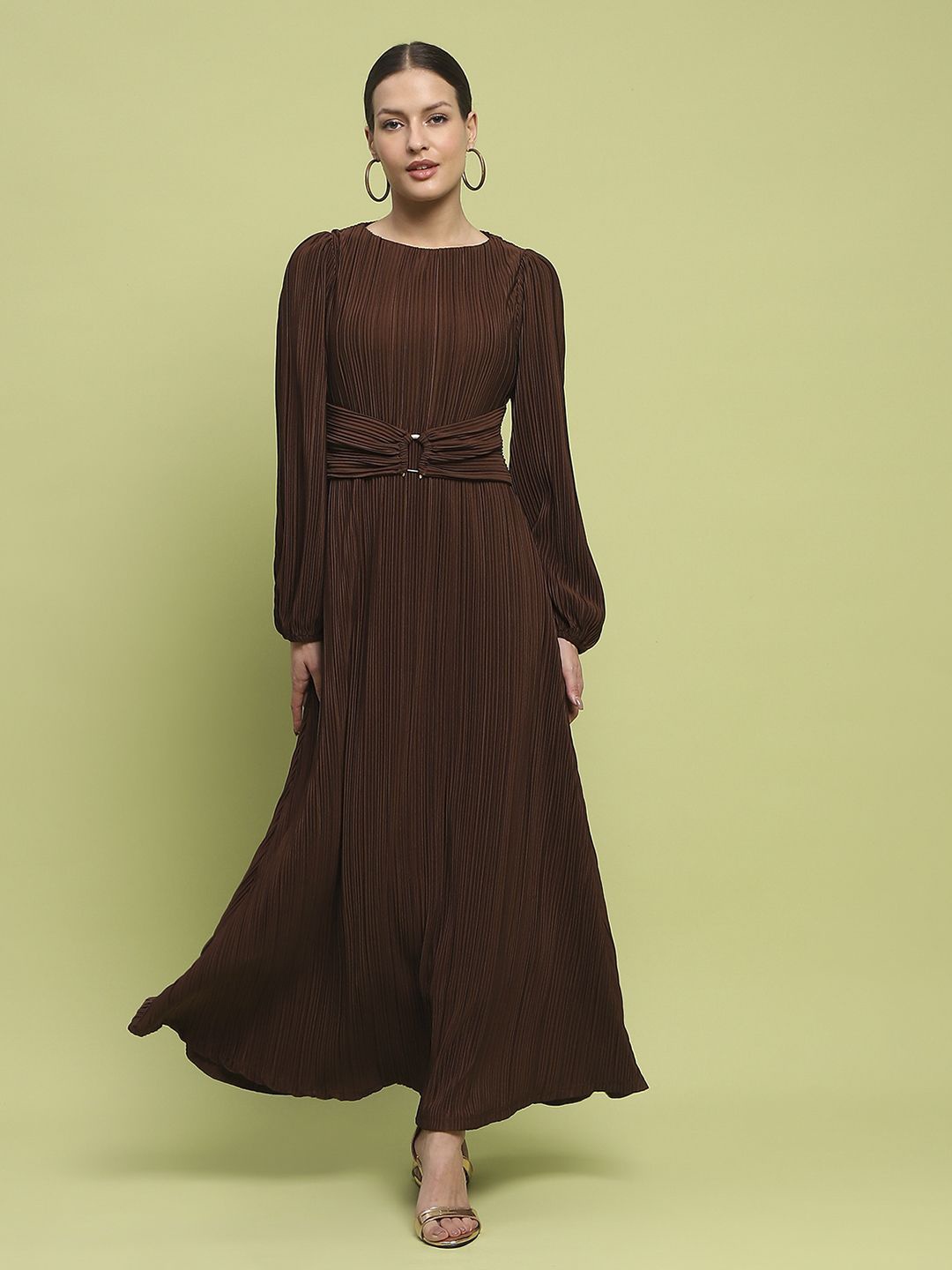 

Madame Women Puff Sleeves Flared Maxi Dress, Brown