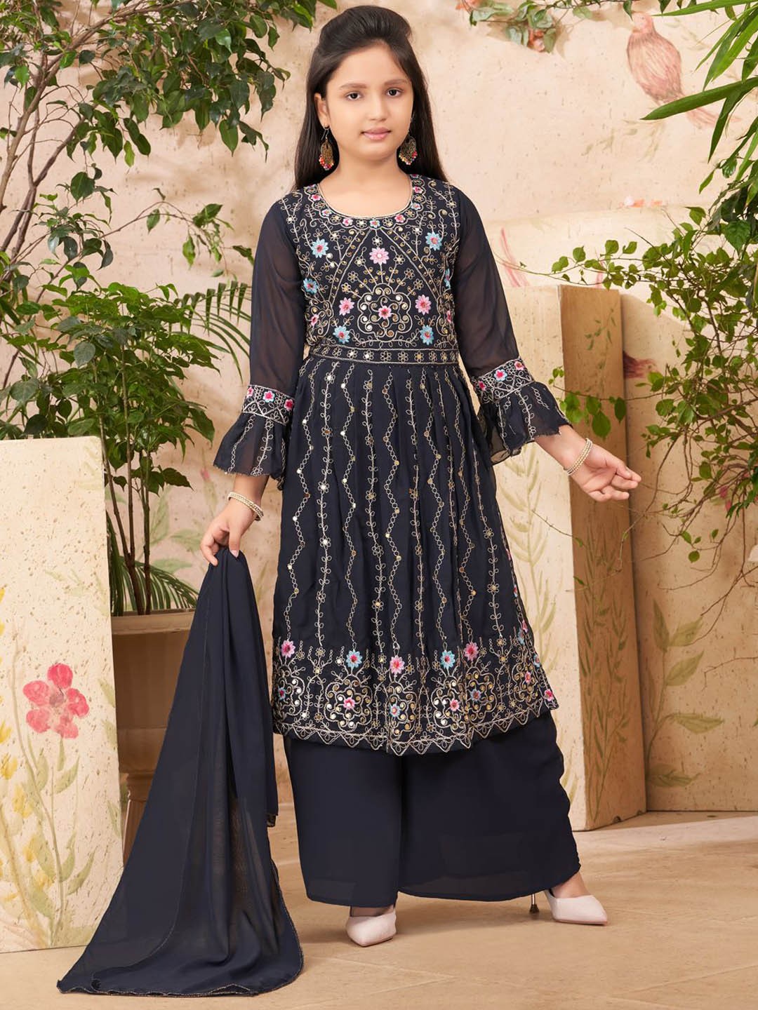 

Sangria Girls Floral Embroidered Georgette A-Line Kurta with Sharara & Dupatta, Navy blue