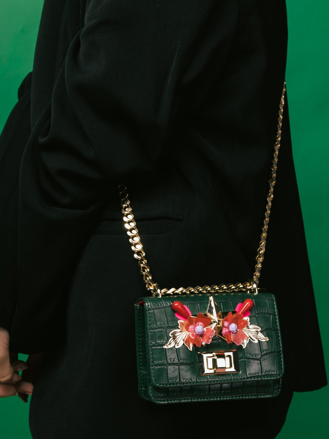

Papa Don't Preach Women Embellished Leather Structured Handheld Bag, Green