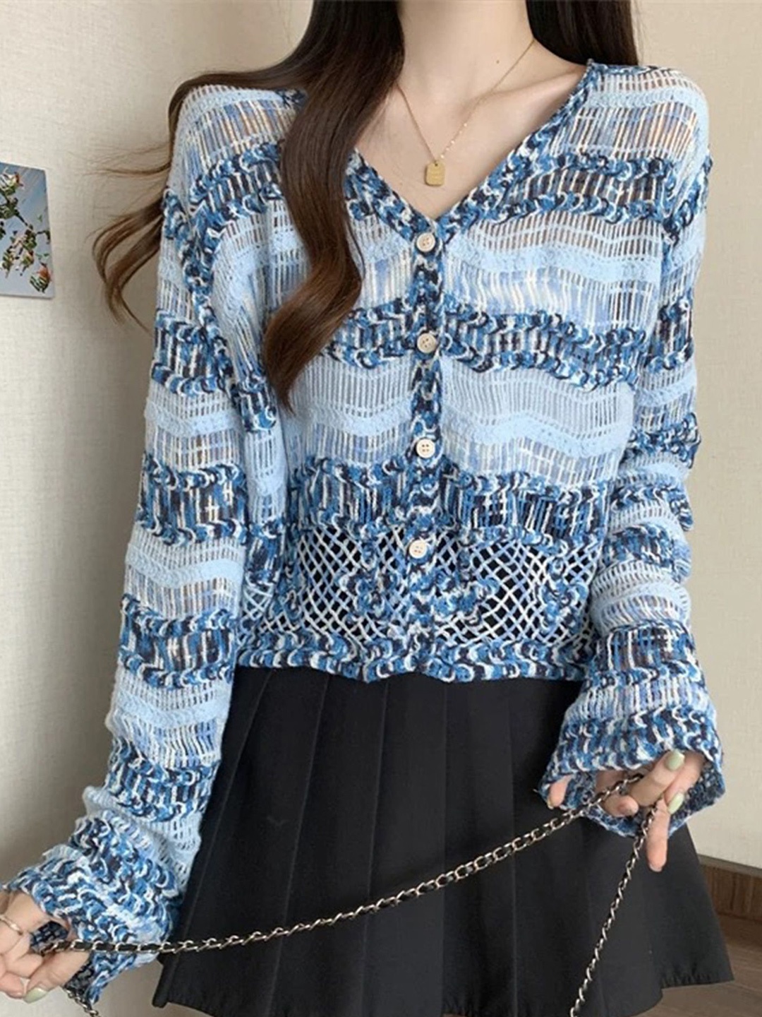 

LULU & SKY Women Self Design Cardigan Sweater, Blue