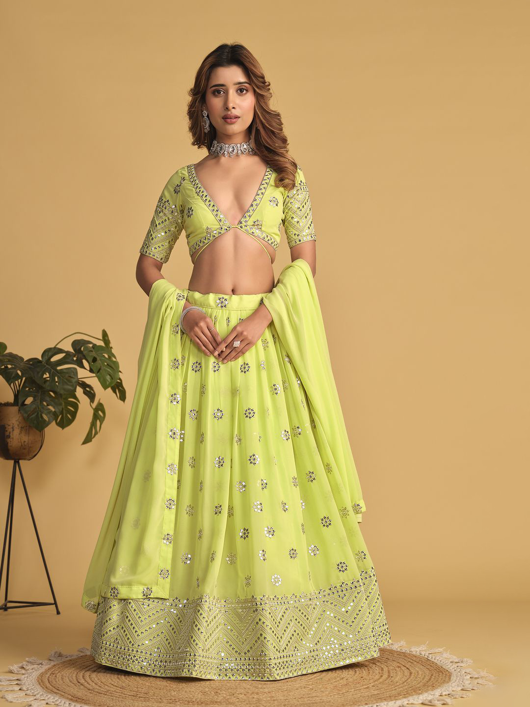 

YOYO Fashion Embroidered Sequinned Semi-Stitched Lehenga & Unstitched Blouse With Dupatta, Green