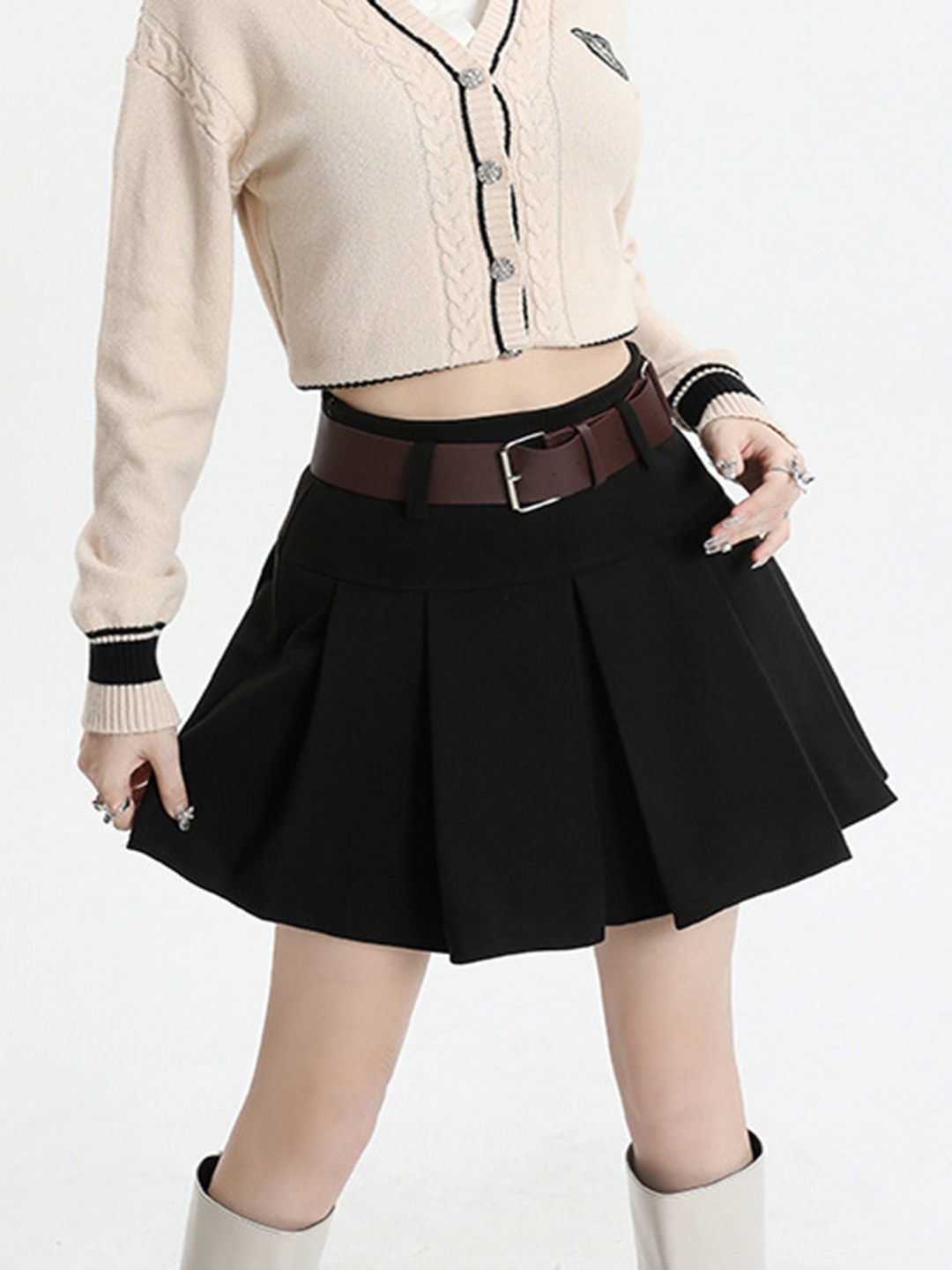 

LULU & SKY Flare Women Pleated Flared Skirt With Belt, Black