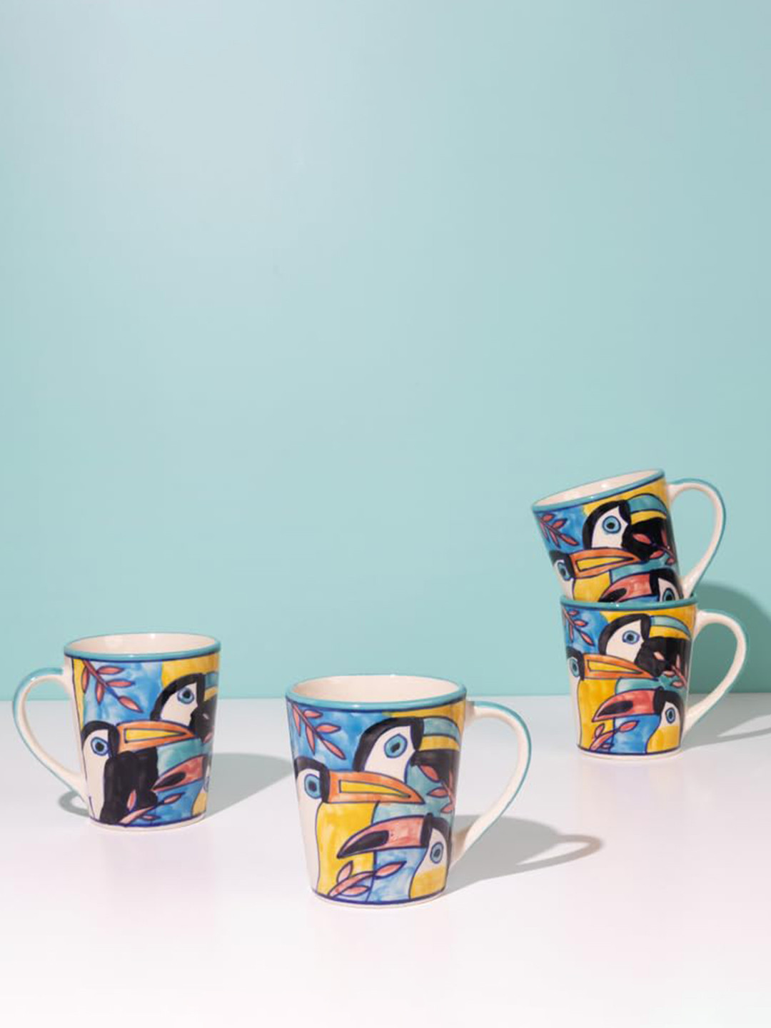 

AMALAFIEE CERAMICS Blue & Yellow 6 Pieces Printed Glossy Ceramic Mugs