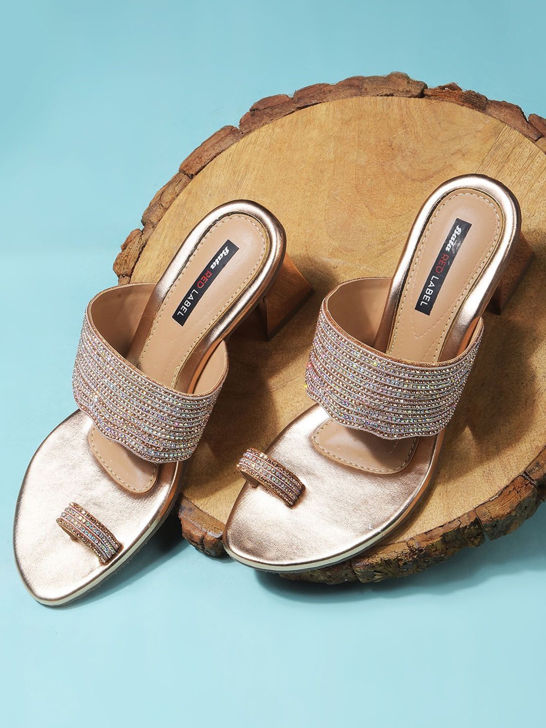 

Bata Women Embellished Block Heel Sandals, Rose gold