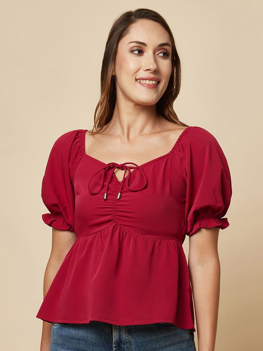 

RAASSIO Women Tie-Up Neck Puff Sleeve Empire Top, Burgundy