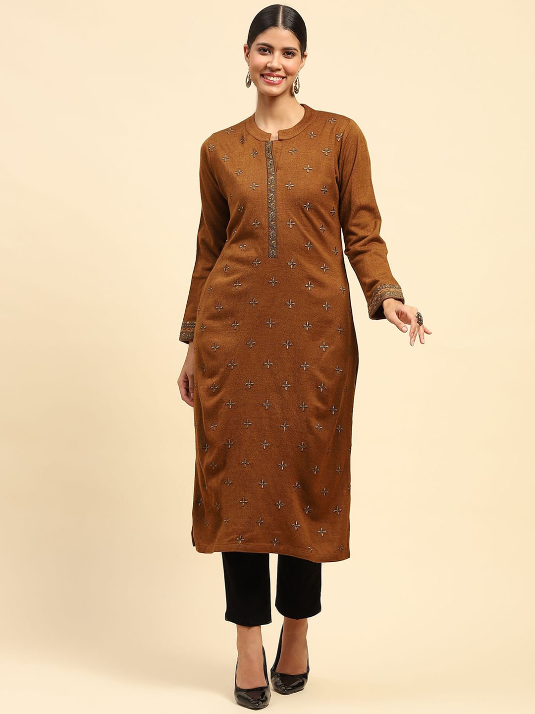 

Me&I Mandarin Collar Floral Embroidered Thread Work Woollen Straight Kurta, Orange
