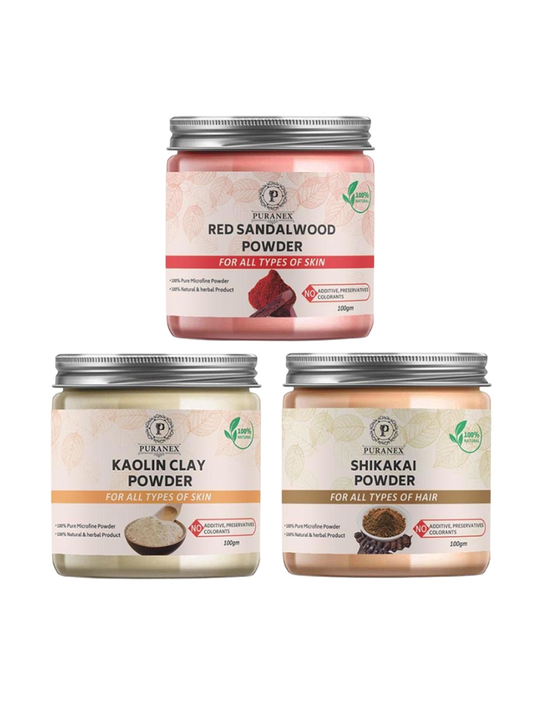 

Puranex Set Of 3 Red Sandalwood, Kaolin Clay & Shikakai Skin & Hair Powder-100 g Each, White