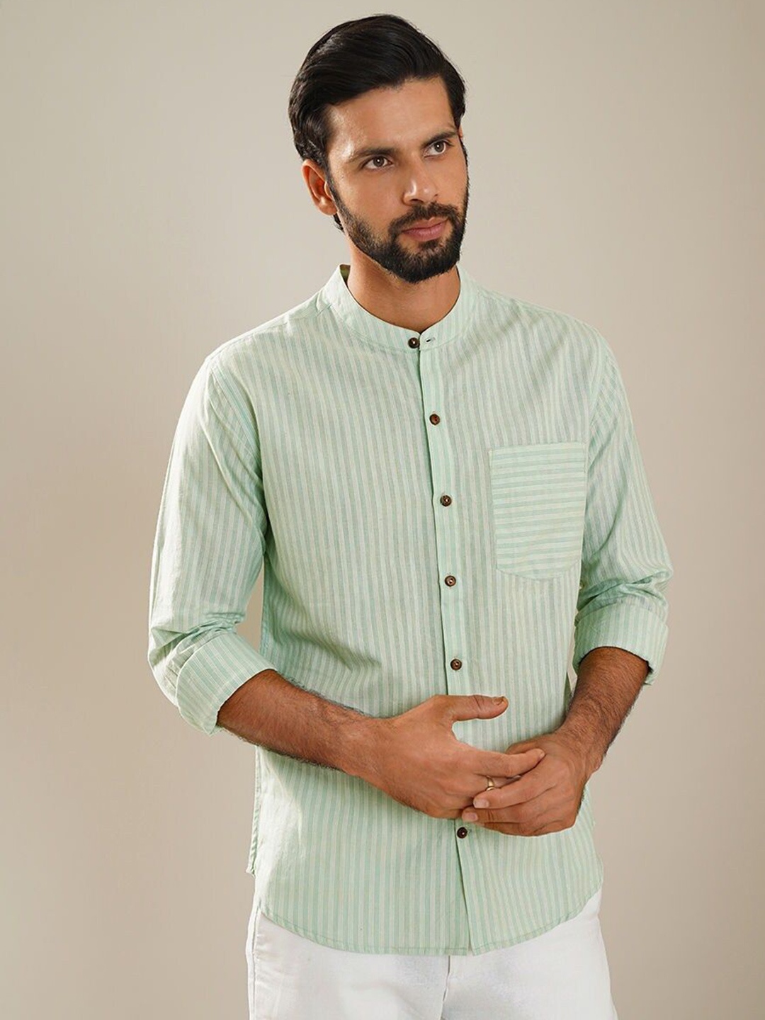 

JAYPORE Men Standard Striped Opaque Cotton Casual Shirt, Green