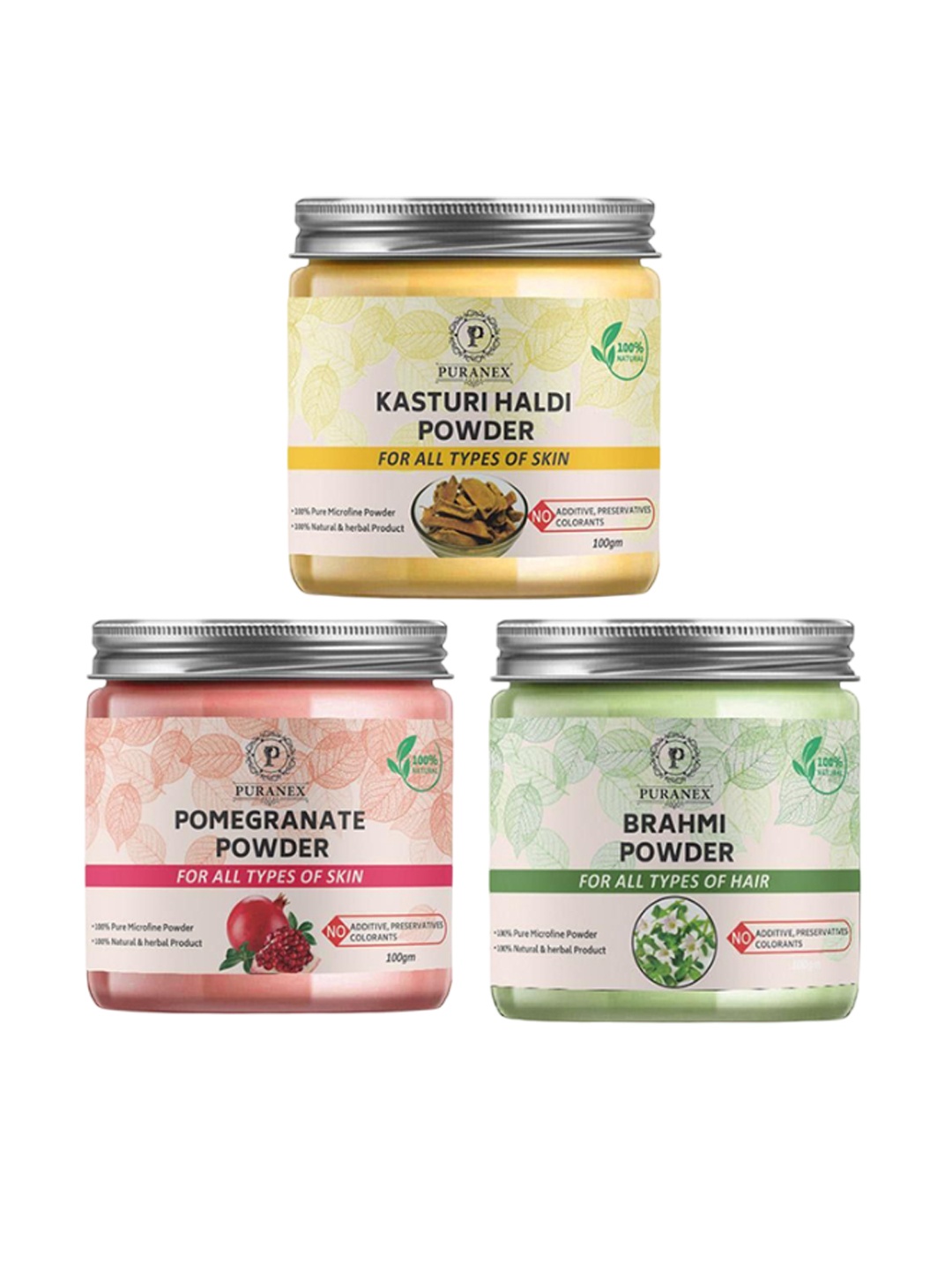 

Puranex Set Of 3 Kasturi Haldi, Pomegranate & Brahmi Skin & Hair Powder-100 g Each, White