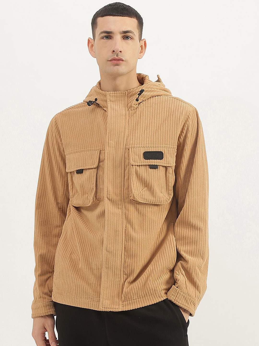 

United Colors of Benetton Men Hooded Self Design Casual Tailored Jacket, Beige