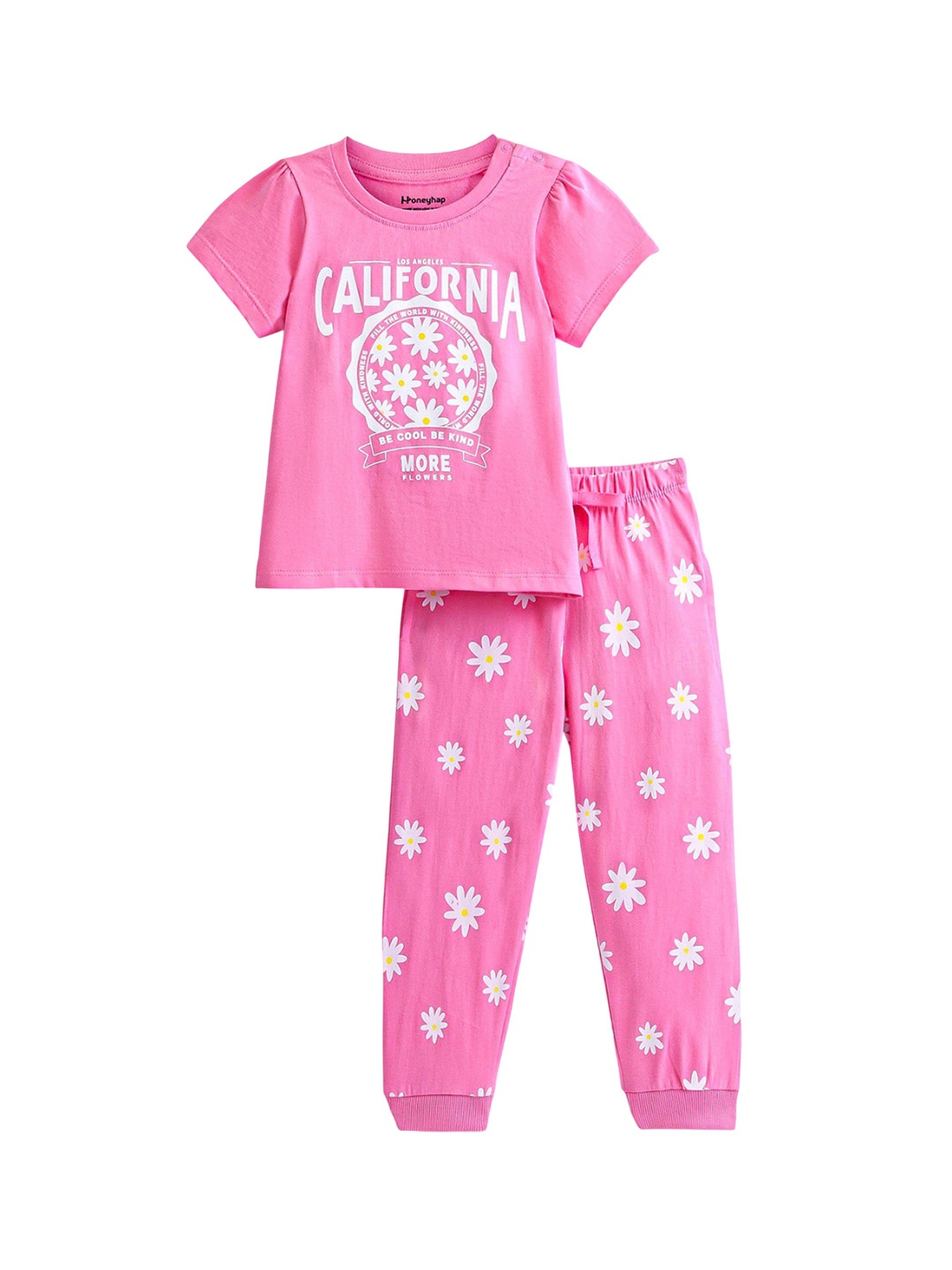 

Honeyhap Girls Printed Round Neck Pure Cotton Night Suit, Pink